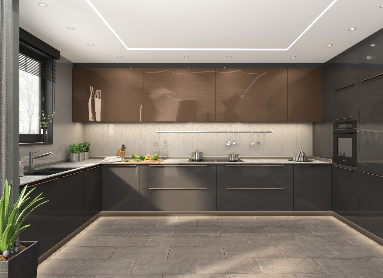 Современная кухня с глянцевыми фасадами Evogloss AGT красный глянец на заказ в Минске