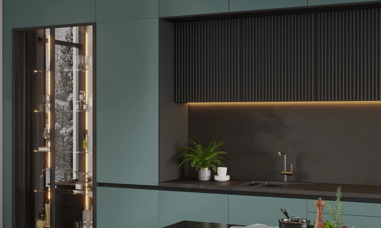 Современная кухня с матовыми фасадами Эвософт антрацитового цвета на заказ в Минске